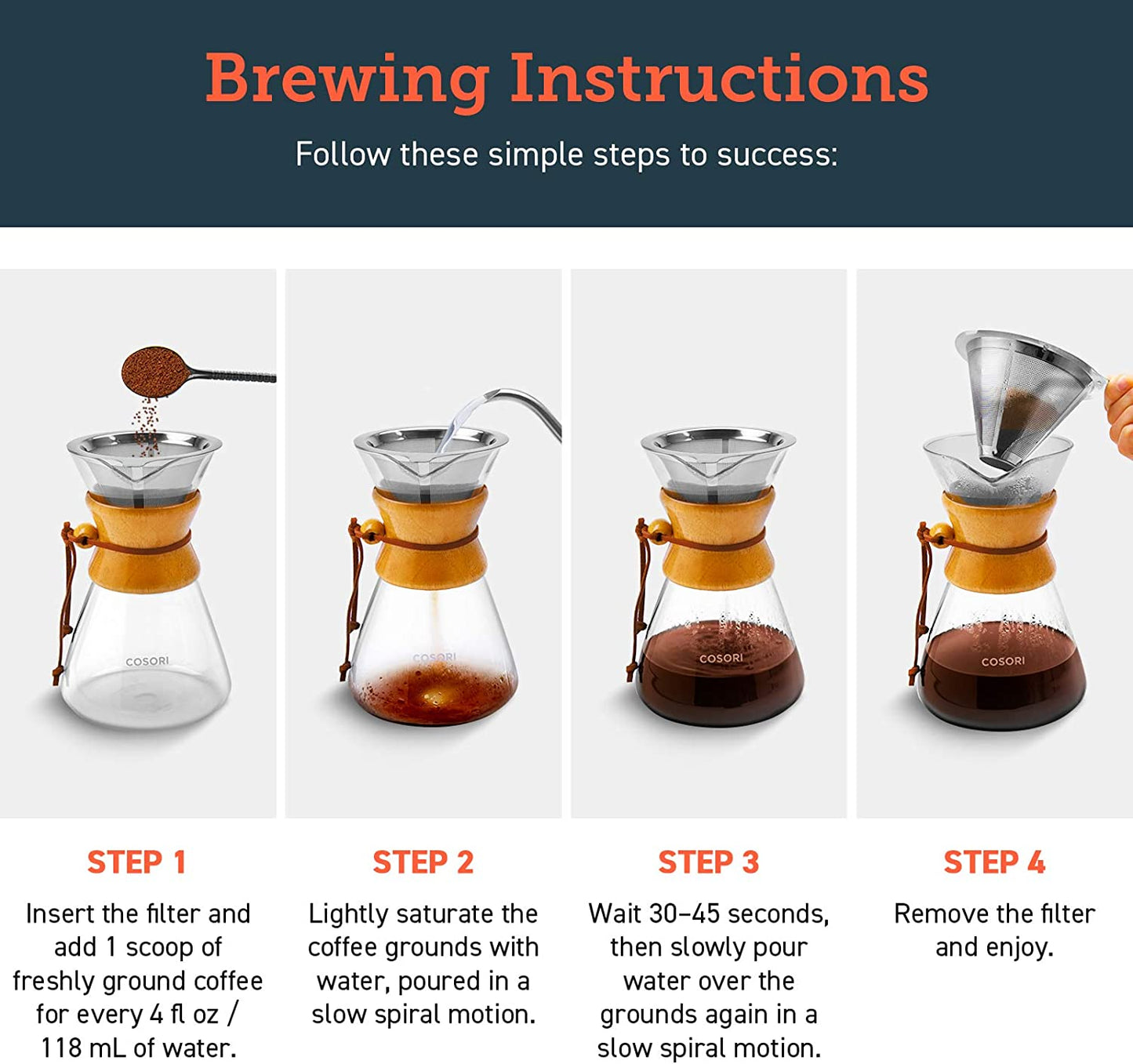 Pour Over Coffee Maker with Double-layer Stainless Steel Filter